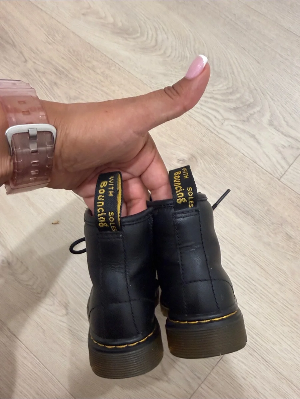 Dr. Martens Kids Black Leather Lace-Up Ankle Boots with Yellow Stitching